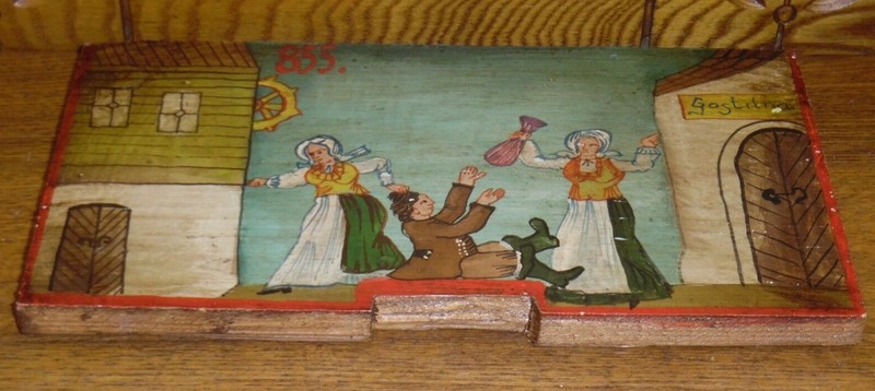 Antique Or Vintage Slovic Painted Wood Panel - Angry Wife - 10 1/4" x 5 5/8" gallery