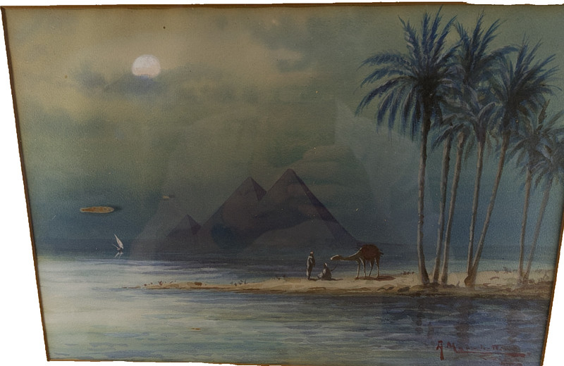 Moonlit Oasis — Signed Desert Painting with Pyramids & Camel | A. Masoudi Tino