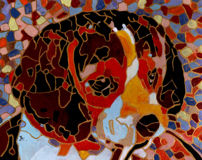 Original painting on board , DOG, animal, abstract, 8″x 10″, signed, cubism