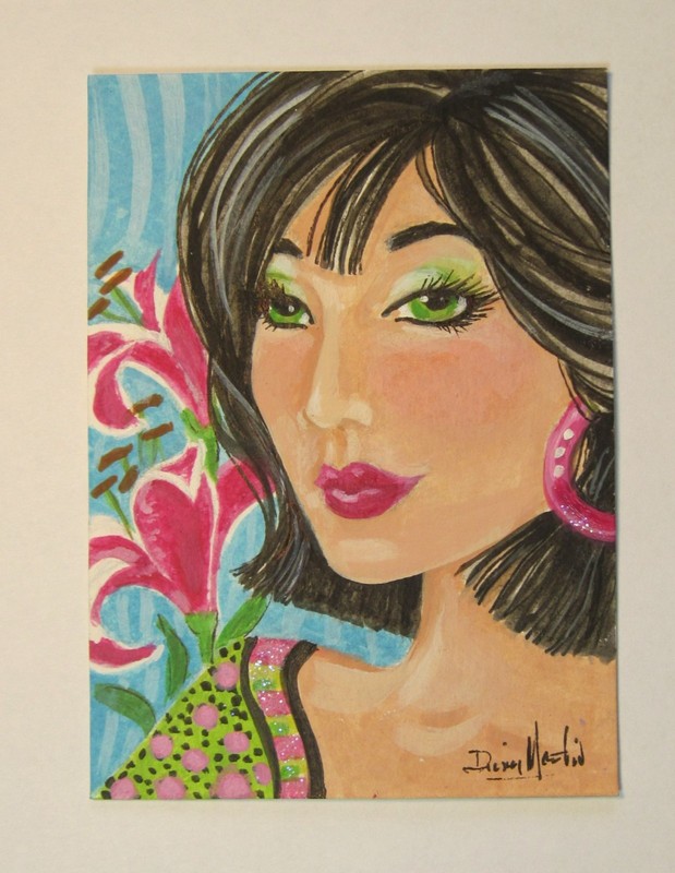 Woman Portrait Aceo Title MISS LILY flowers girl Acrylic Ink sparkle W/C paper