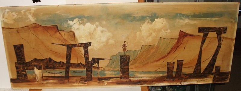 MACHADO HUGE OIL ON BOARD ROMAN RUINS SEASCAPE BOATS PAINTING