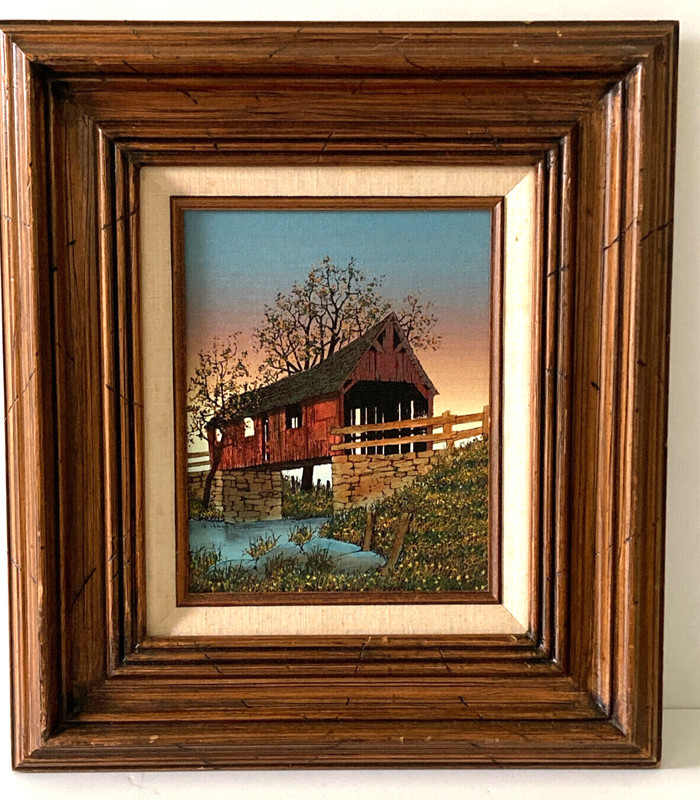 H. Hargrove Oil Painting Canvas «Genuine Covered Bridge» 19″ x 17″