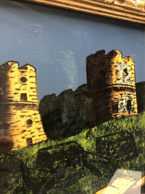 Unique VTG Castle Scene Reverse Painted On Glass With Abalone Shells Wood Frame gallery