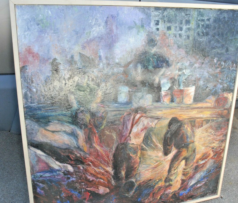 Helen Harkaspi Ironworkers 9/11 Disaster Clean-up 2002 Oil 46X46 Bernie Glassman