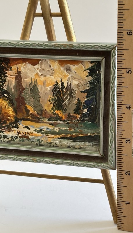 Vtg Mini Original Autumn Mountain Stream Landscape Painting Framed On Easel 3x4” gallery