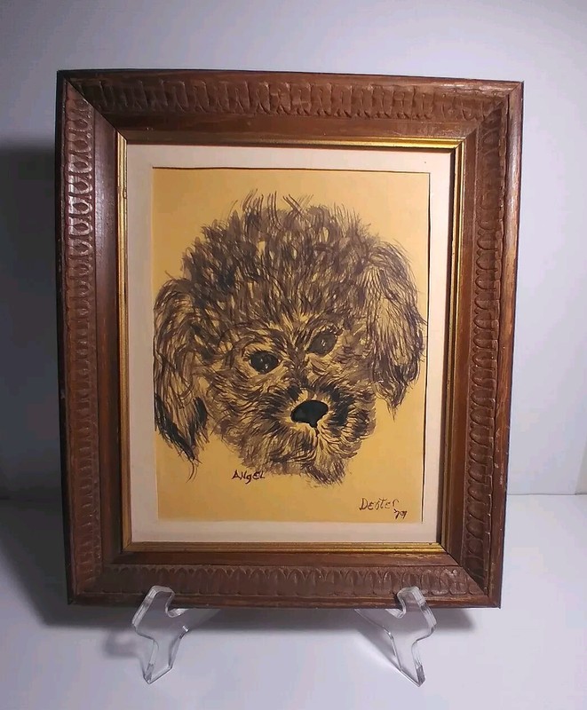 Vintage 1979 Watercolor Black Poodle Dog Face Wood Frame Signed Art 10×12
