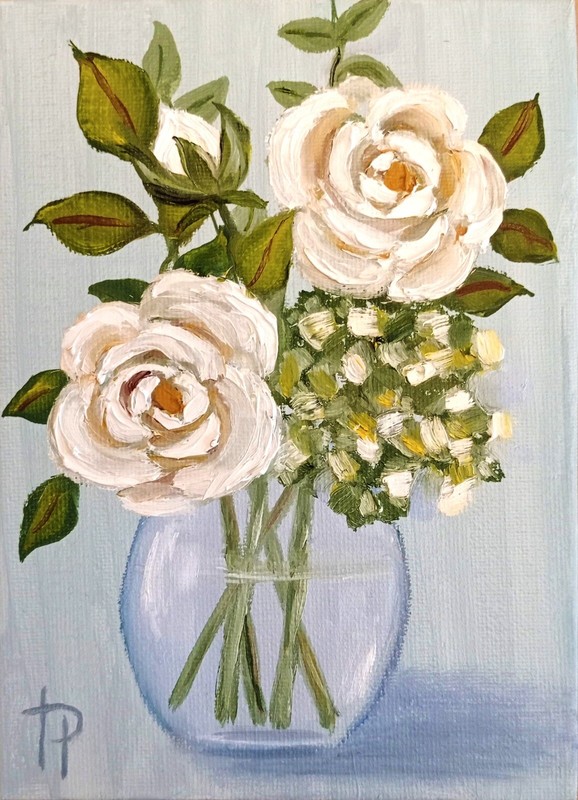 White Flowers Painting 5×7” Roses Bouqet Oil Artwork Hand Painted Wall Art