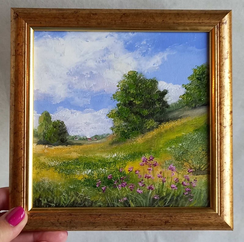 Summer Original Oil Painting Rural Landscape Flowers Village Houses Art 6 x 6 in