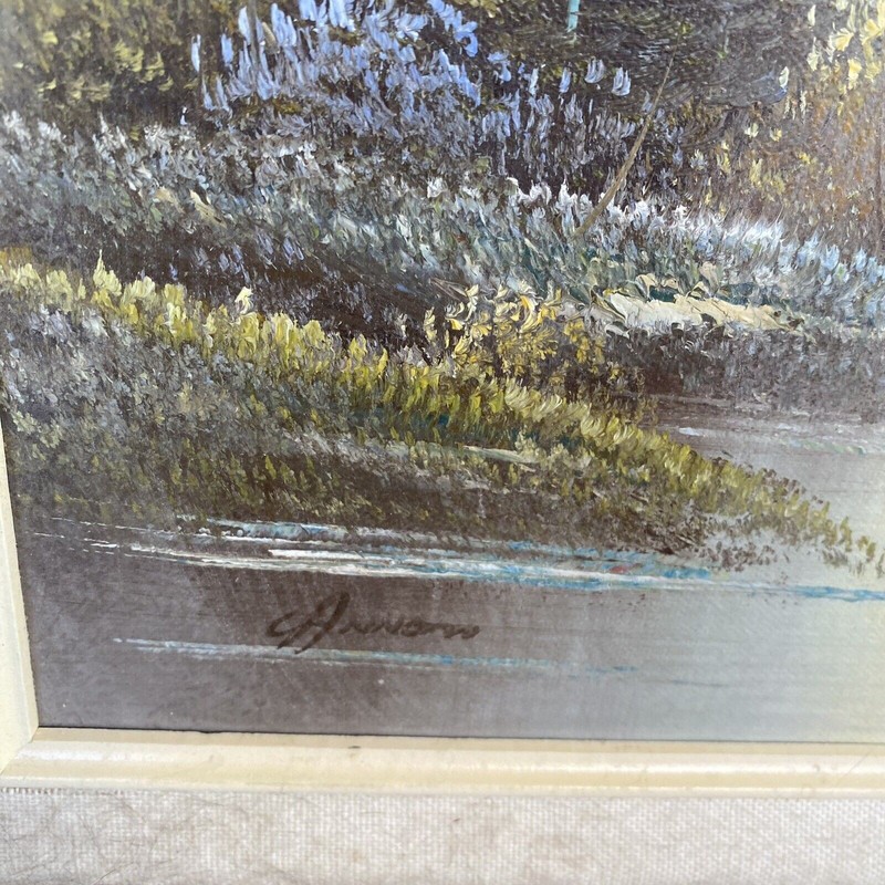 Landscape Painting River Birds Flying Acrylic Signed Art 21”x17” Canvas Framed gallery