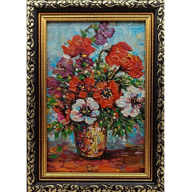 Poppy Original Oil Painting 4×6 Framed Signed Red Floral Still Life Bouquet Art