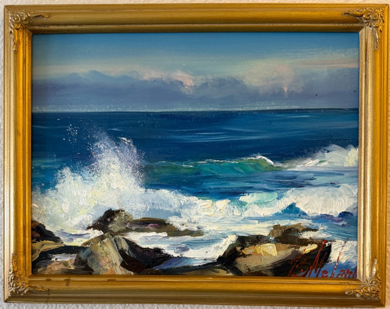 Original Impressionist Coastal Seascape Oil Painting Signed Gold Framed Waves