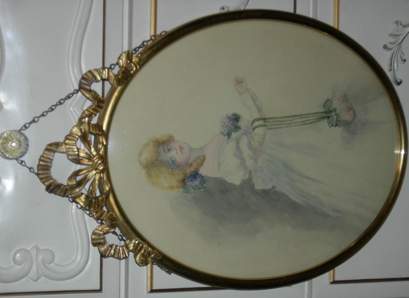 VICTORIAN LADY - WATERCOLOR - BRASS FRAME w/ CONVEX GLASS & CHAIN - 16" - LOVELY gallery