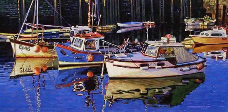 ORIGINAL OIL PAINTING, A GROUP OF COLORFUL FISHING BOATS, Listed Artist NR!