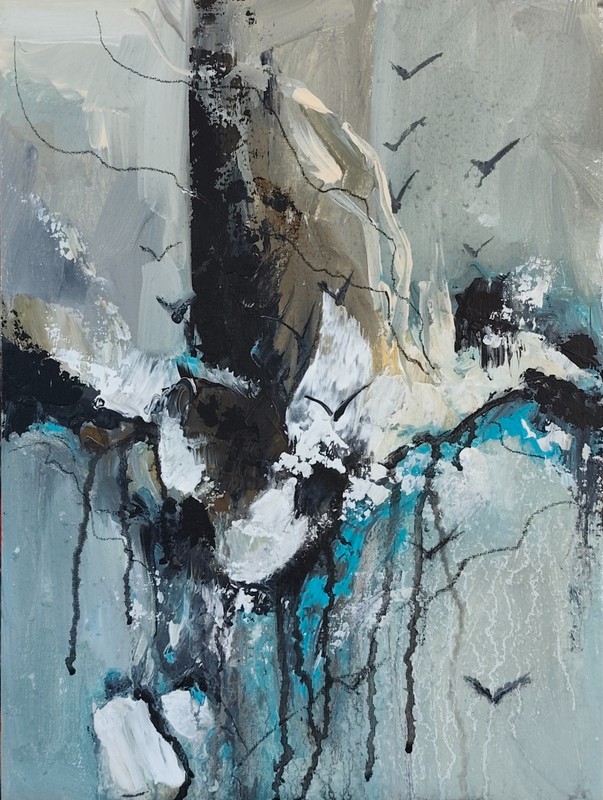 acrylic painting on panel original handmade art with abstract wave and birds