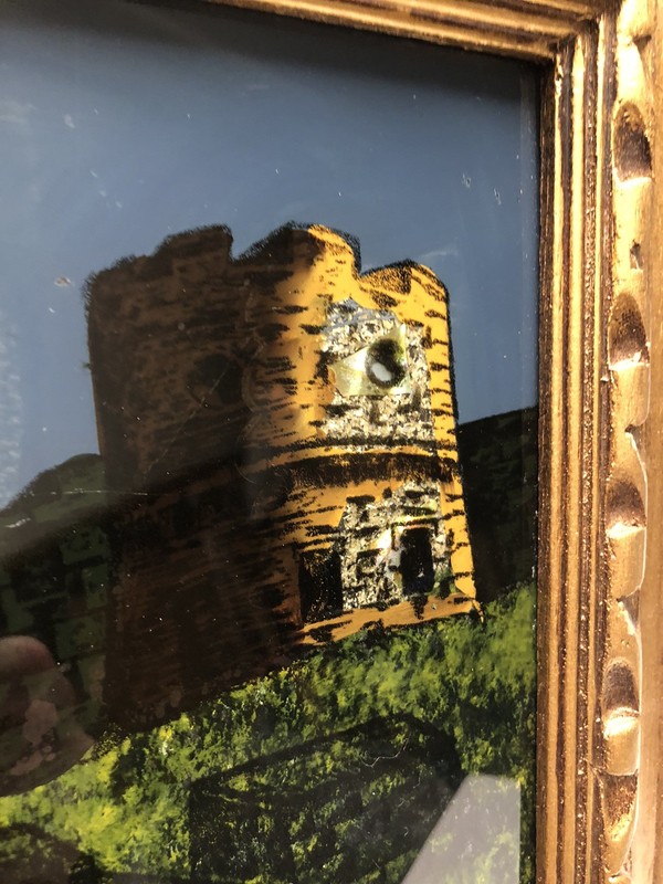 Unique VTG Castle Scene Reverse Painted On Glass With Abalone Shells Wood Frame gallery