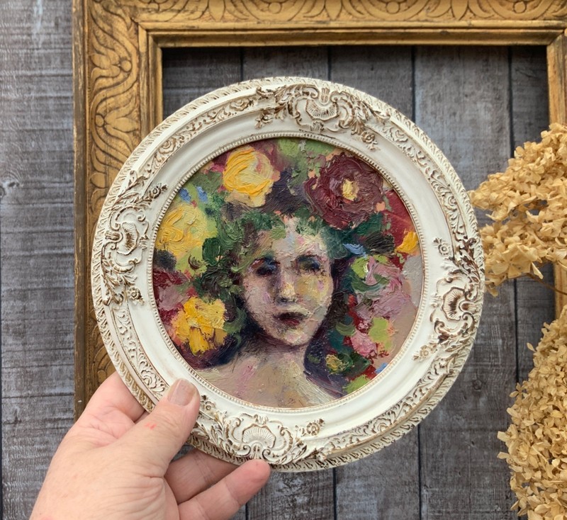 Original Art Framed Woman Portrait Art 8″ diameter Round Artwork Face Painting