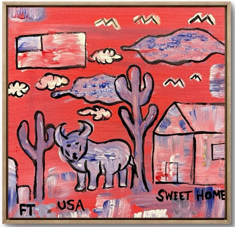 “ Sweet Home USA“ : Vibrant Naive Folk Art Bull & Cactus Corbellic Art acrylic