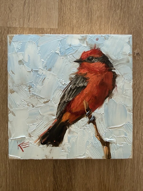 Vermillion Flycatcher Original Oil Painting On Panel 6 X 6 Inches Bird gallery