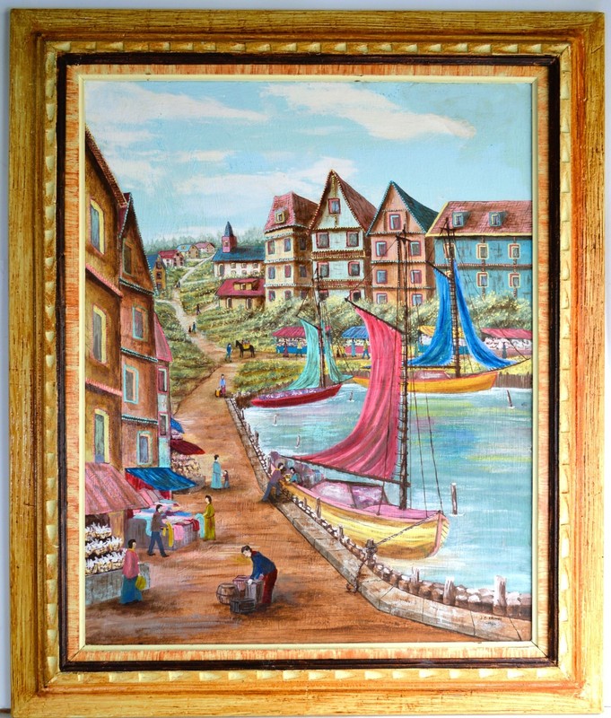 JOSEPH CHARLES FRUMES VINTAGE 1981 LARGE OIL PAINTING WOOD SIGNED CITYSCAPE PORT