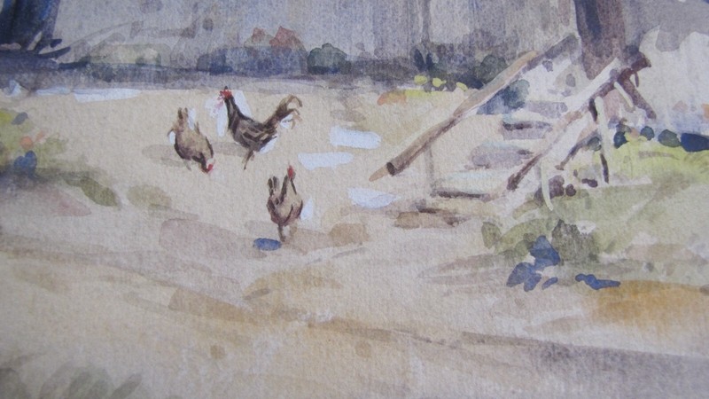 VTG Davis Francis Schwartz Watercolor, Ranch Home, Mountain, Chickens/Rooster gallery