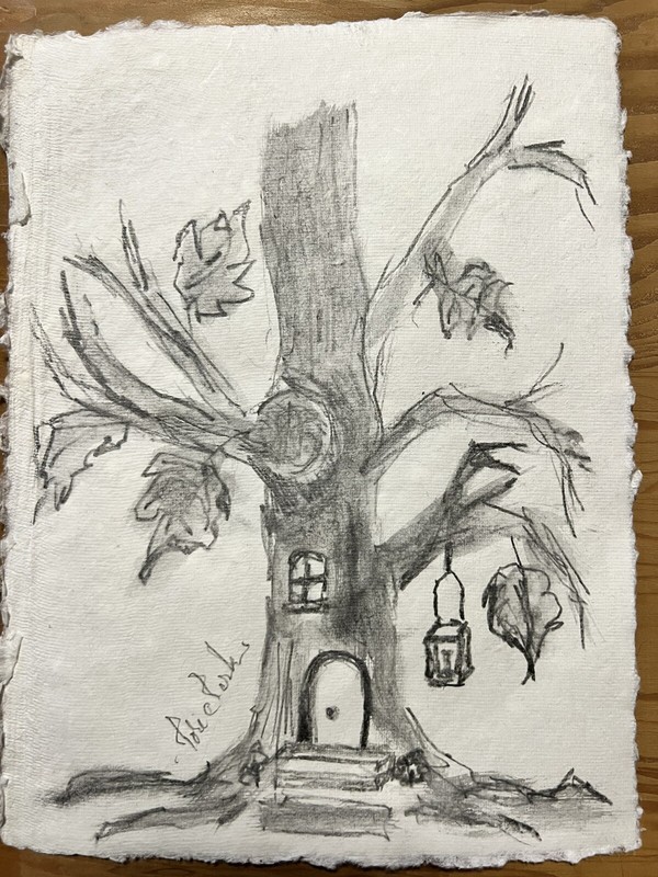 6" x 8" Original Graphite Abstract Fairy Tree Painting Deckle Edge Signed CA USA gallery