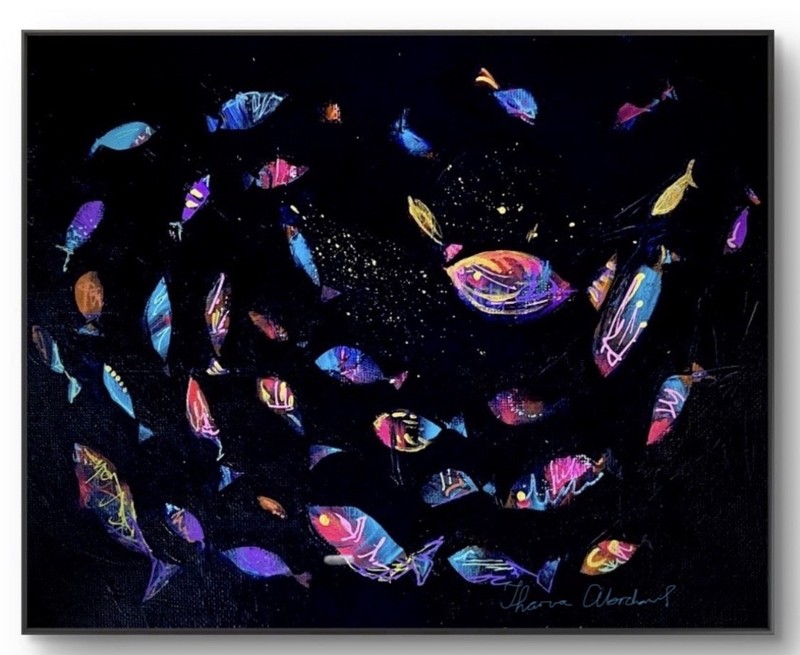 10×8 Original Acrylic Fish Painting Contemporary Fine Art with Collage Effect
