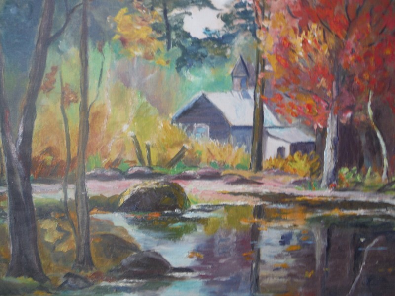 GREAT OIL ON CANVAS BOARD CHURCH/POND FALL LANDSCAPE SCENE SIGNED/FRAMED gallery