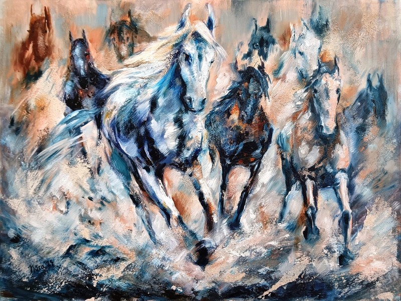 Racing Horses Portrait Original Unique Oil Painting Signed Handpainted 24″ x 32″