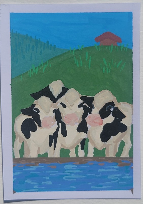 ACEO Original, Abstract Animal Cow, Mini Art Painting, Farm Animals
