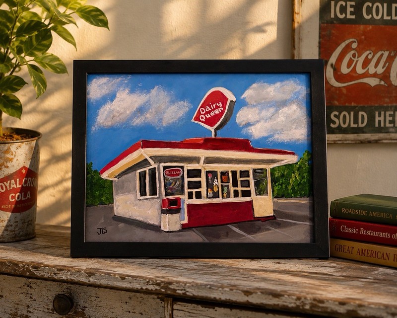 Nostalgic Dairy Queen Painting Americana Roadside Summer Art Framed 14×11