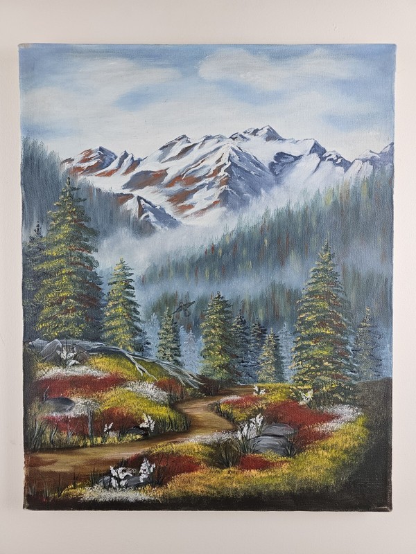 Vintage Original Illegibly Signed Oil Painting 20×16 Mountain Landscape Art