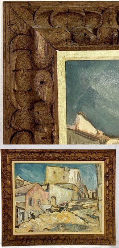 Harold Rotenberg Mid Century Oil Painting Carved Brutalist Frame Mediterranean