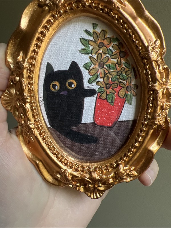 PRINT Black Cat,humor, cute,funny,original miniature Painting,small,mini,framed gallery
