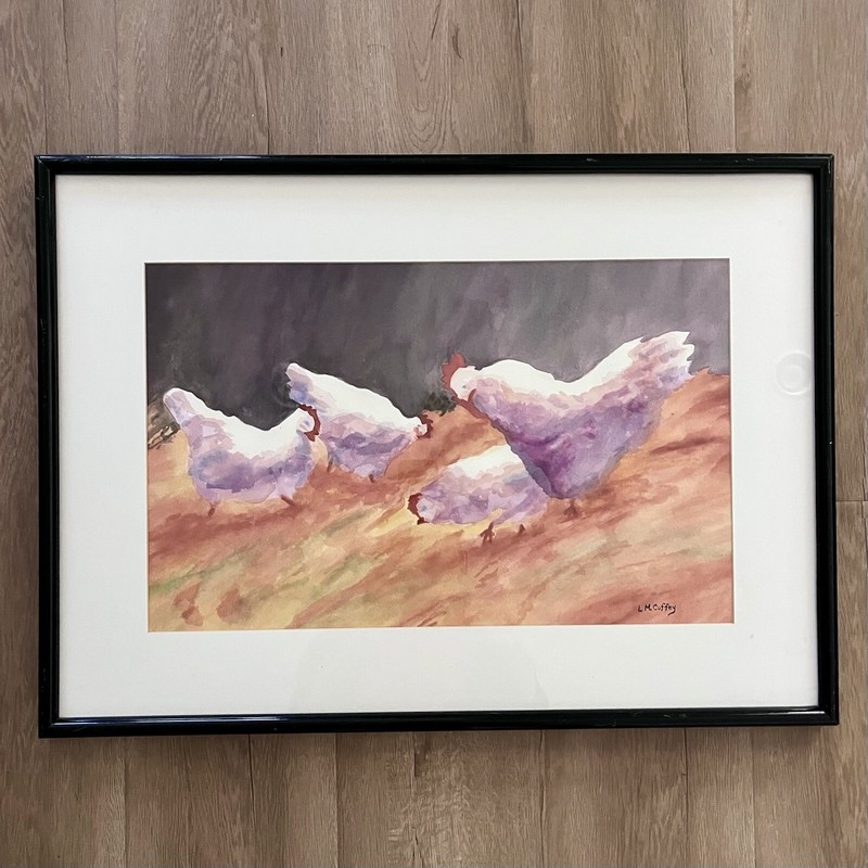 Vtg Original Framed Watercolor Painting Farm Hens Chicken Signed By L M Coffey