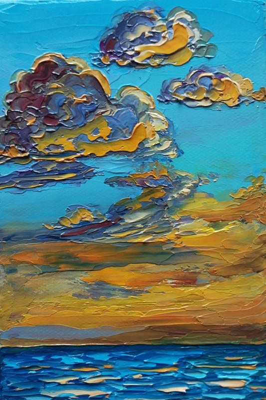 Mini Canvas Seascape Sunset Golden Clouds Over Sea 4x6" Original Oil Painting gallery