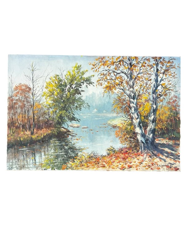 LISTED Cesare Ricciardi autumn lakeside landscape LG Oil Canvas Painting 36” gallery