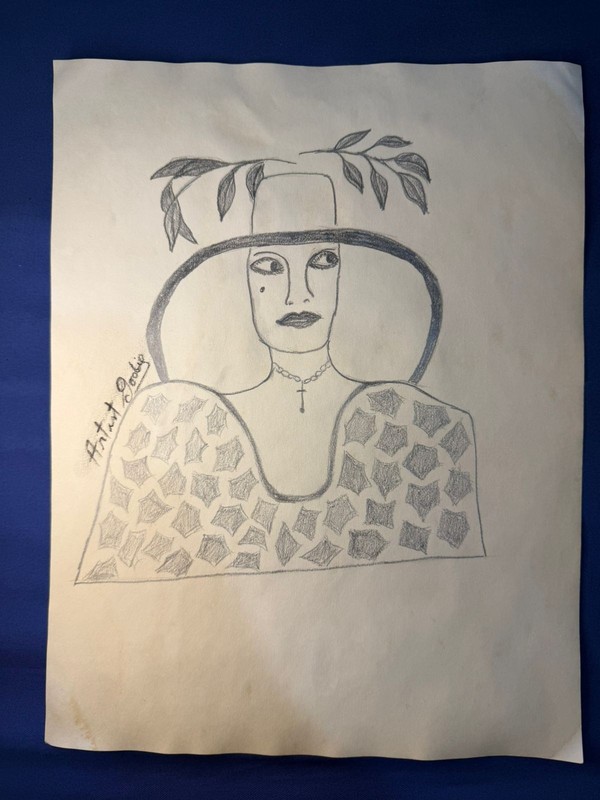 Lee Godie – painting drawing 12.5 x 9.8 in on old paper signed stamped