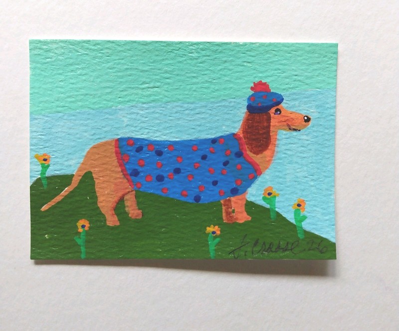 Acrylic Painting, Original ACEO, ooak, Dachshund All Dressed Up,