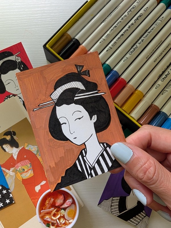 ACEO Original Painting ATC Japanese Geisha Girl Ink Portrait Miniature Art
