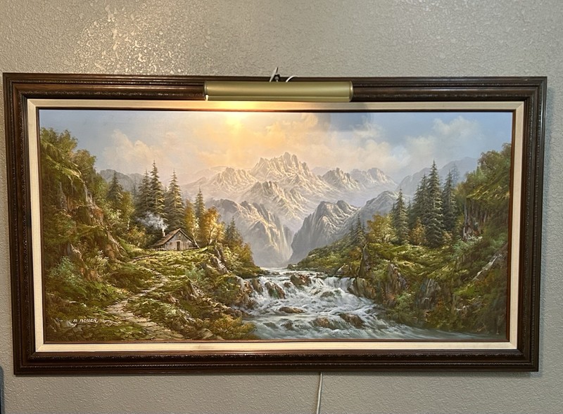 Beautiful R. Boren Original Painting Mountain Waterfall Oil On Canvas