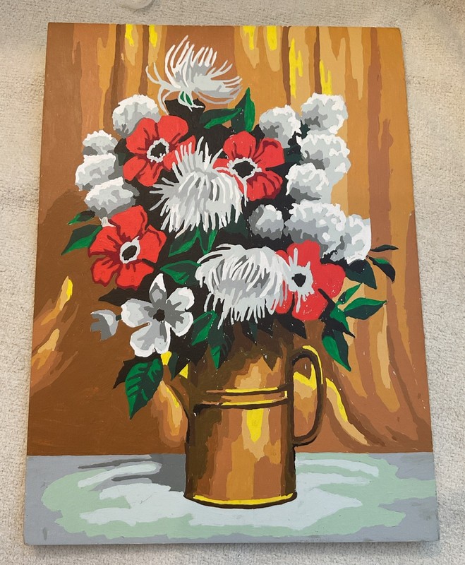 VTG Paint By Number Poppies Floral Still Life Brass Planter MCM Ready To Frame