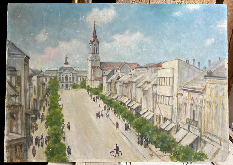 Oil Painting City With Church And Theater – Who Knows The Place? Illegible Sign.