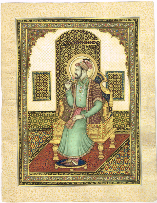 Miniature Portrait Of Mughal Emperor Shahjahan Gouache &Real Gold Artwork10.5×13
