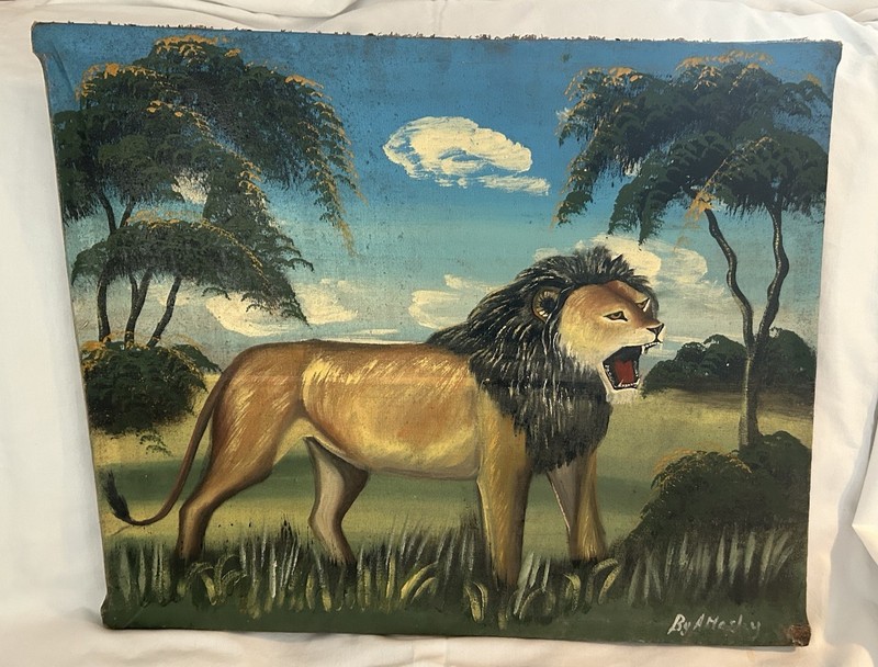 Vtg Lion Folk Painting 1920s 30s African Savanna Oil On Canvas Trees American