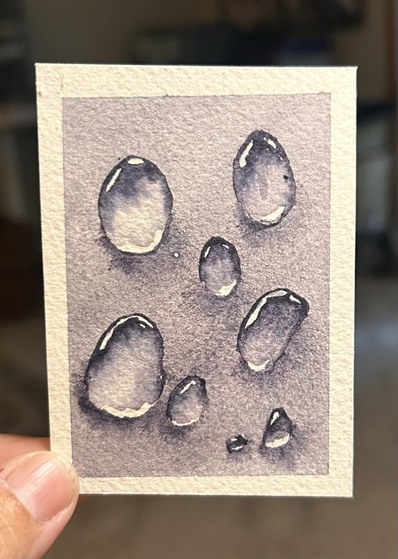 ACEO Purple rain 2, Water Drops, Watercolor Mineral Painting By Sasha Lehto