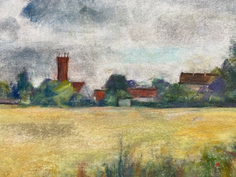 Franz Ehmke *1928-2018 Berlin Blankenfelde Felder Tower Village Pastel Signed gallery