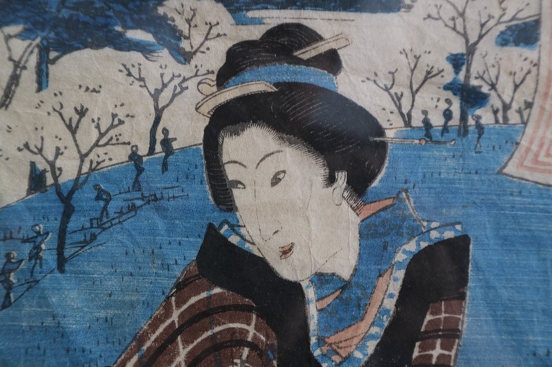 Original Edo Period Ukiyo-e Woodblock Print Hiroshige II (Shigenobu) Woman in Sn gallery