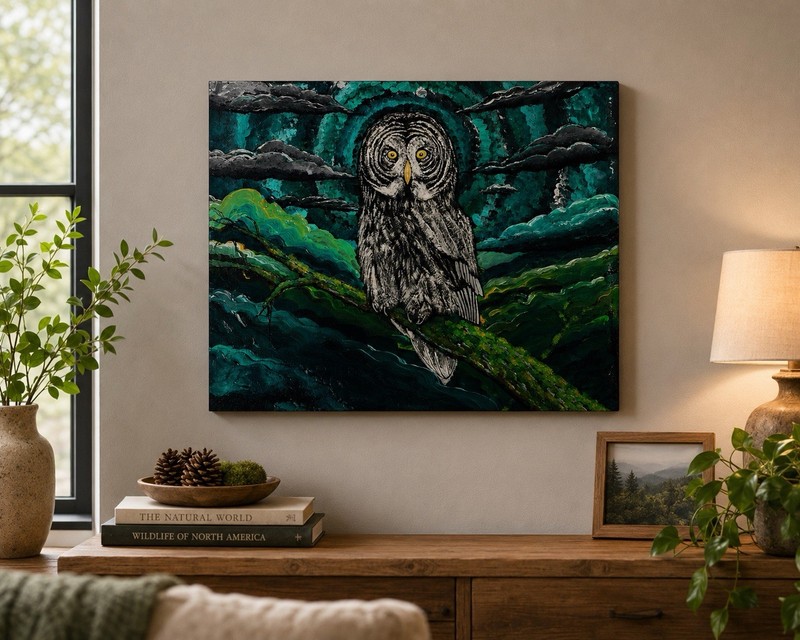 Silent Watcher Original Great Grey Owl Acrylic Painting Wildlife Forest Art