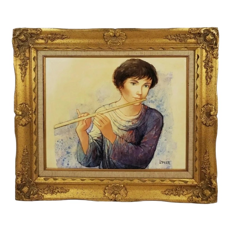 Charles Lanier Oil Painting Young Lady Playing Flute 1967 Ornate Frame Vintage