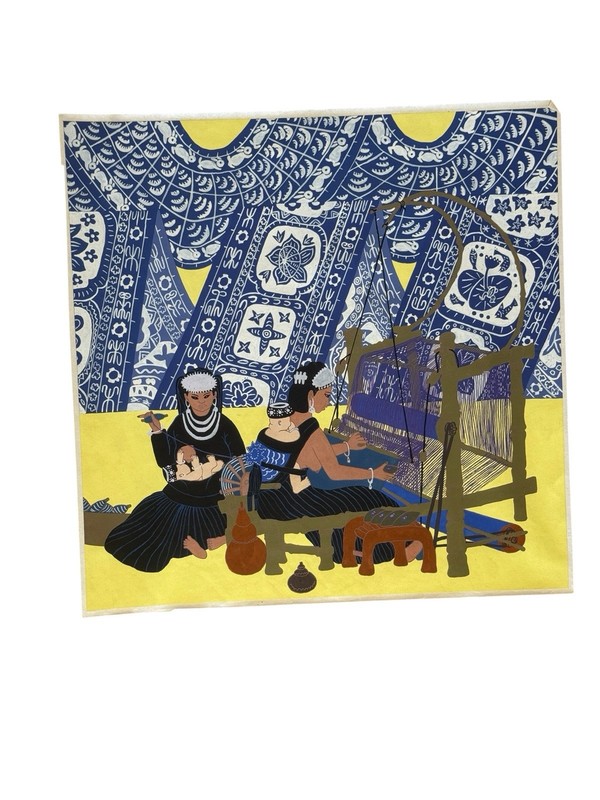Vintage Original Chinese Folk Art Painting – Mothers Weaving